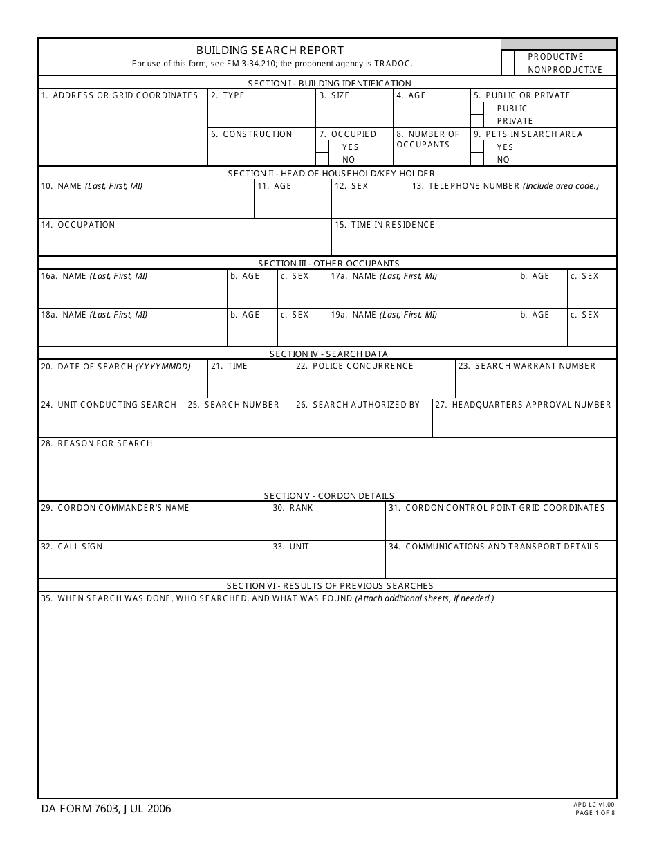 DA Form 7603 Building Search Report, Page 1
