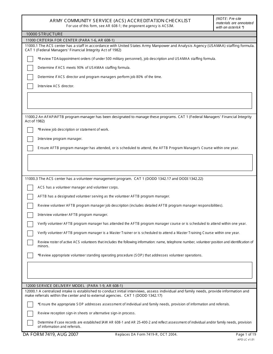 DA Form 7419 Army Community Service (Acs) Accreditation Checklist, Page 1
