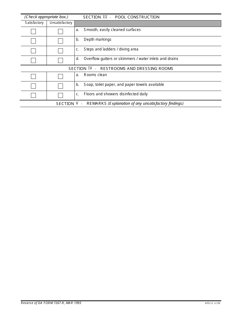 DA Form 7267-R Checklist for Routine Inspection of Swimming Pools, Page 2