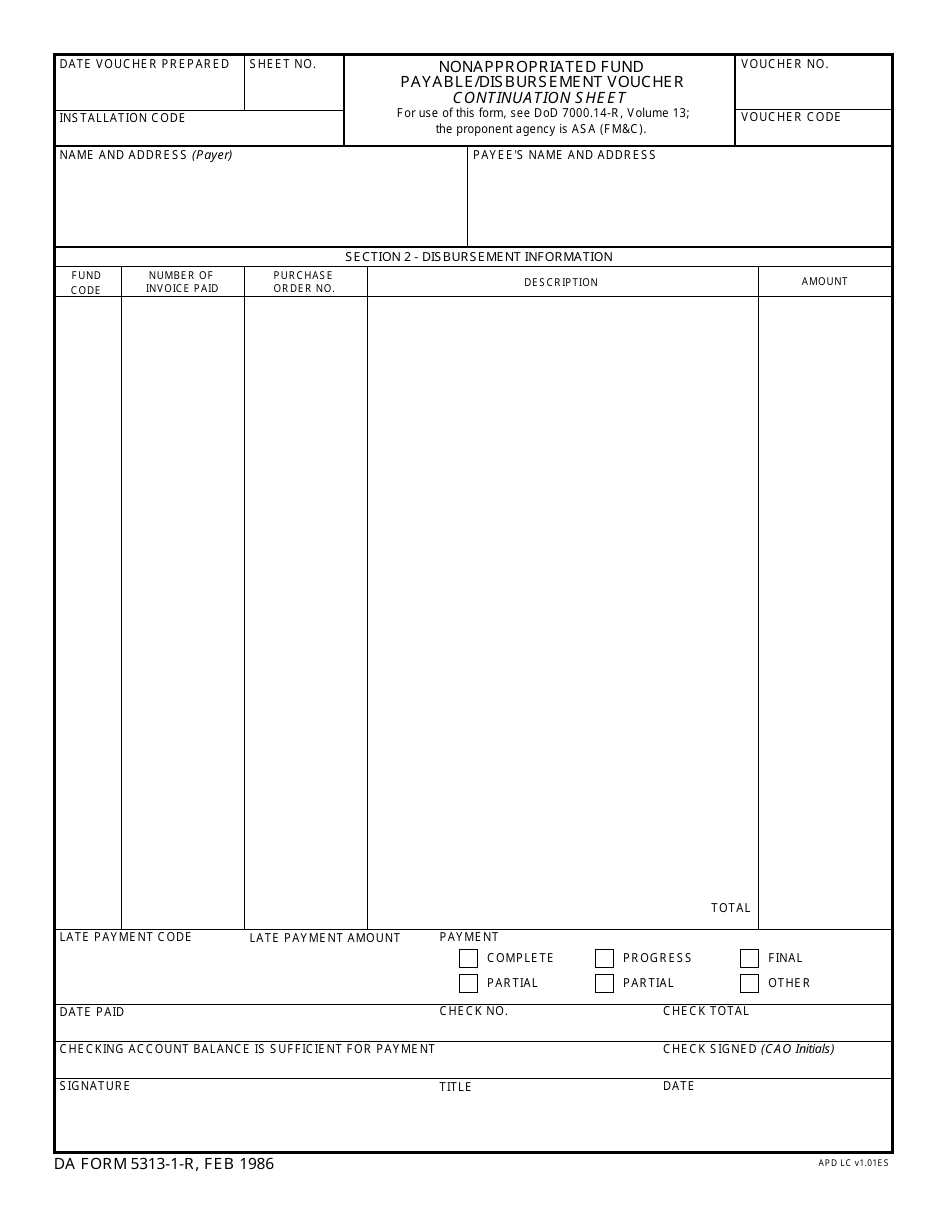 DA Form 5313-1-R Nonappropriated Fund Payable / Disbursement Voucher, Page 1