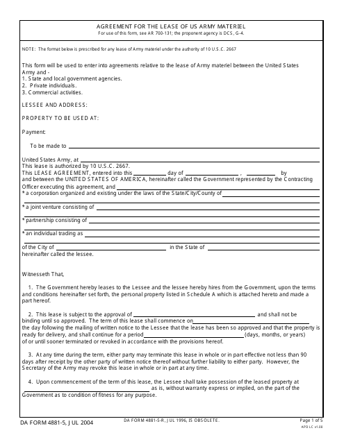 DA Form 4881-5 Agreement for the Lease of US Army Materiel