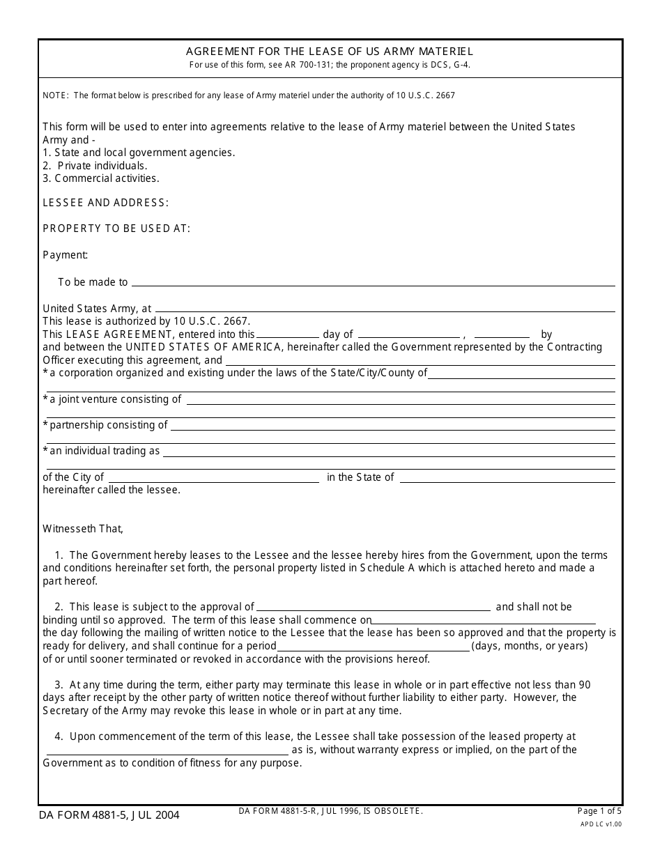 DA Form 4881-5 Agreement for the Lease of US Army Materiel, Page 1