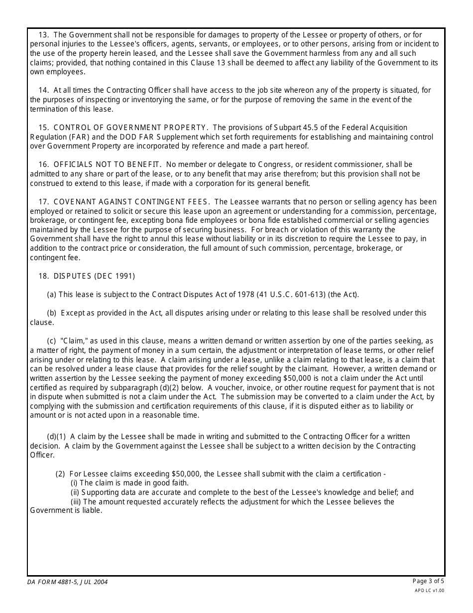 DA Form 4881-5 Agreement for the Lease of US Army Materiel, Page 3