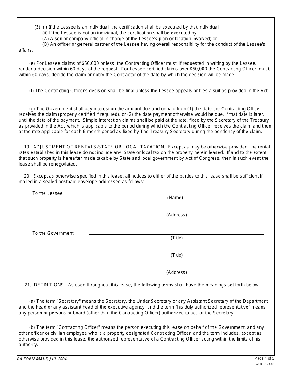 DA Form 4881-5 Agreement for the Lease of US Army Materiel, Page 4