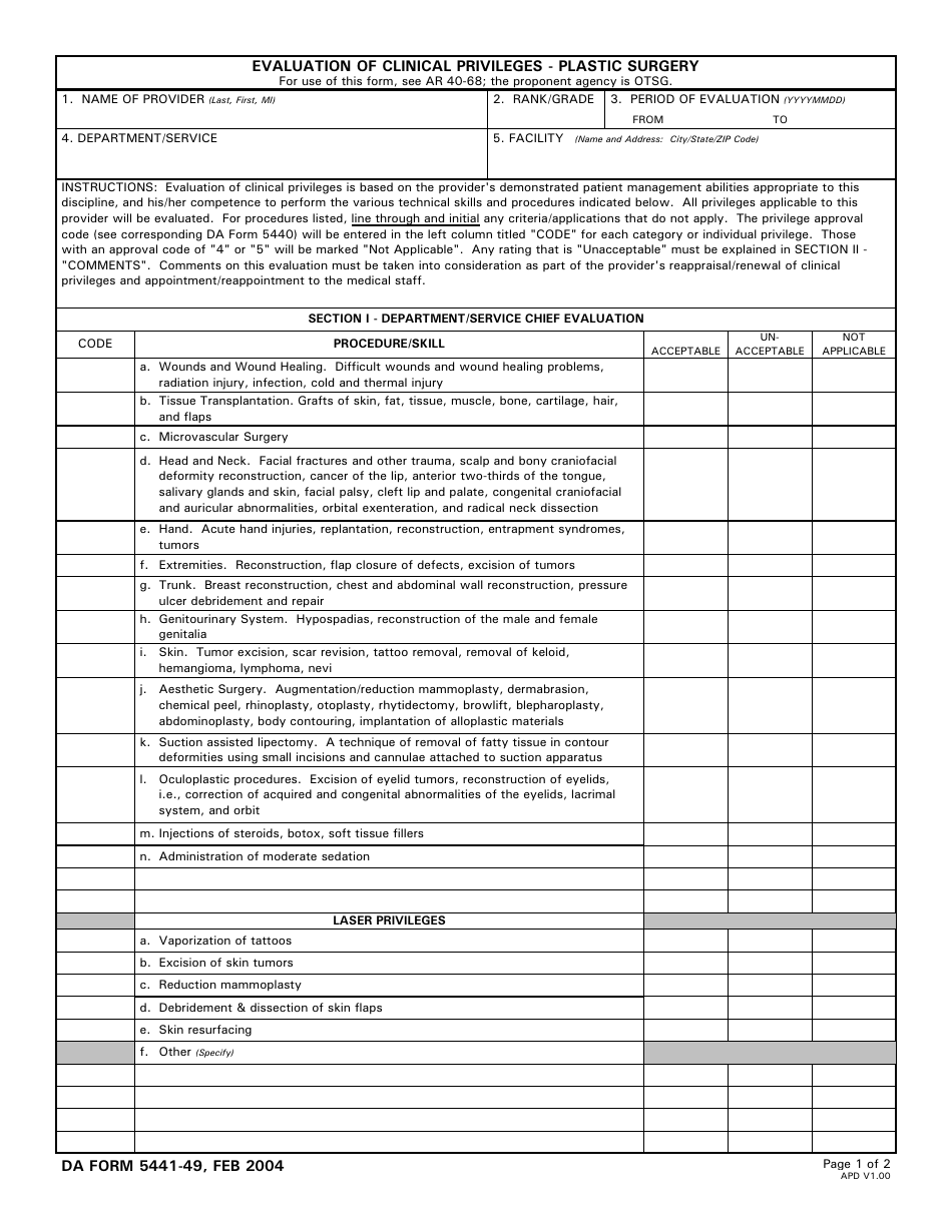 DA Form 5441-49 Evaluation of Clinical Privileges - Plastic Surgery, Page 1