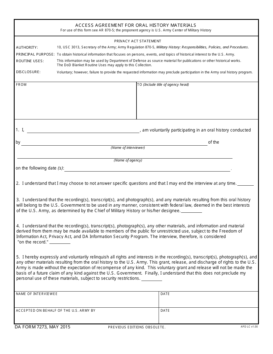 DA Form 7273 Access Agreement for Oral History Materials, Page 1