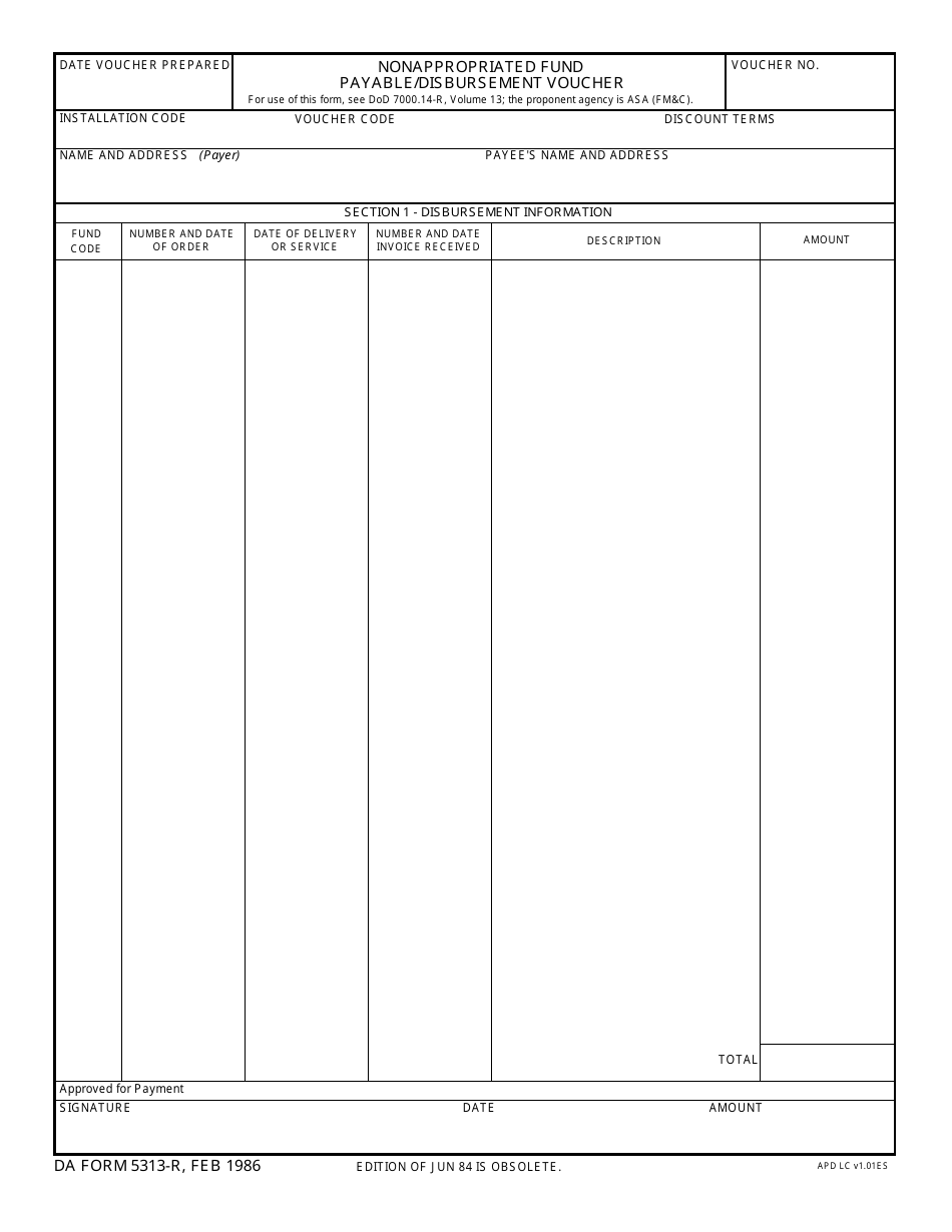 DA Form 5313-R Nonappropriated Fund Payable / Disbursement Voucher, Page 1