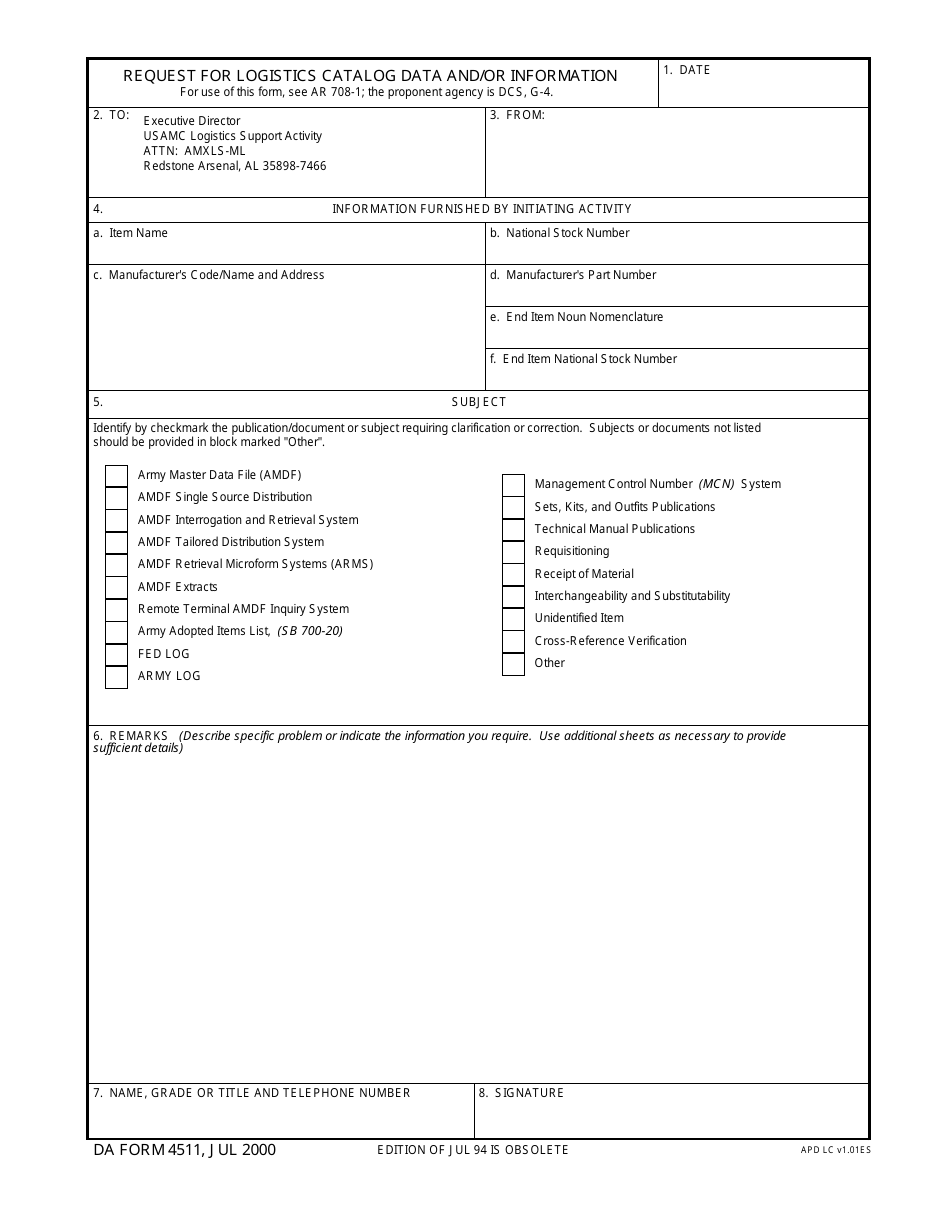 DA Form 4511 Request for Logistics Catalog Data and / or Information, Page 1