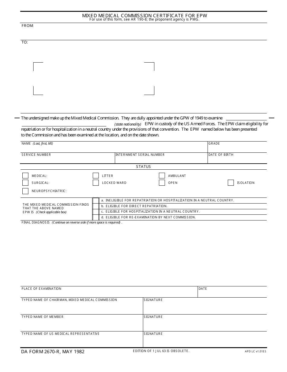 DA Form 2670-R Mixed Medical Commission Certificate for Epw, Page 1