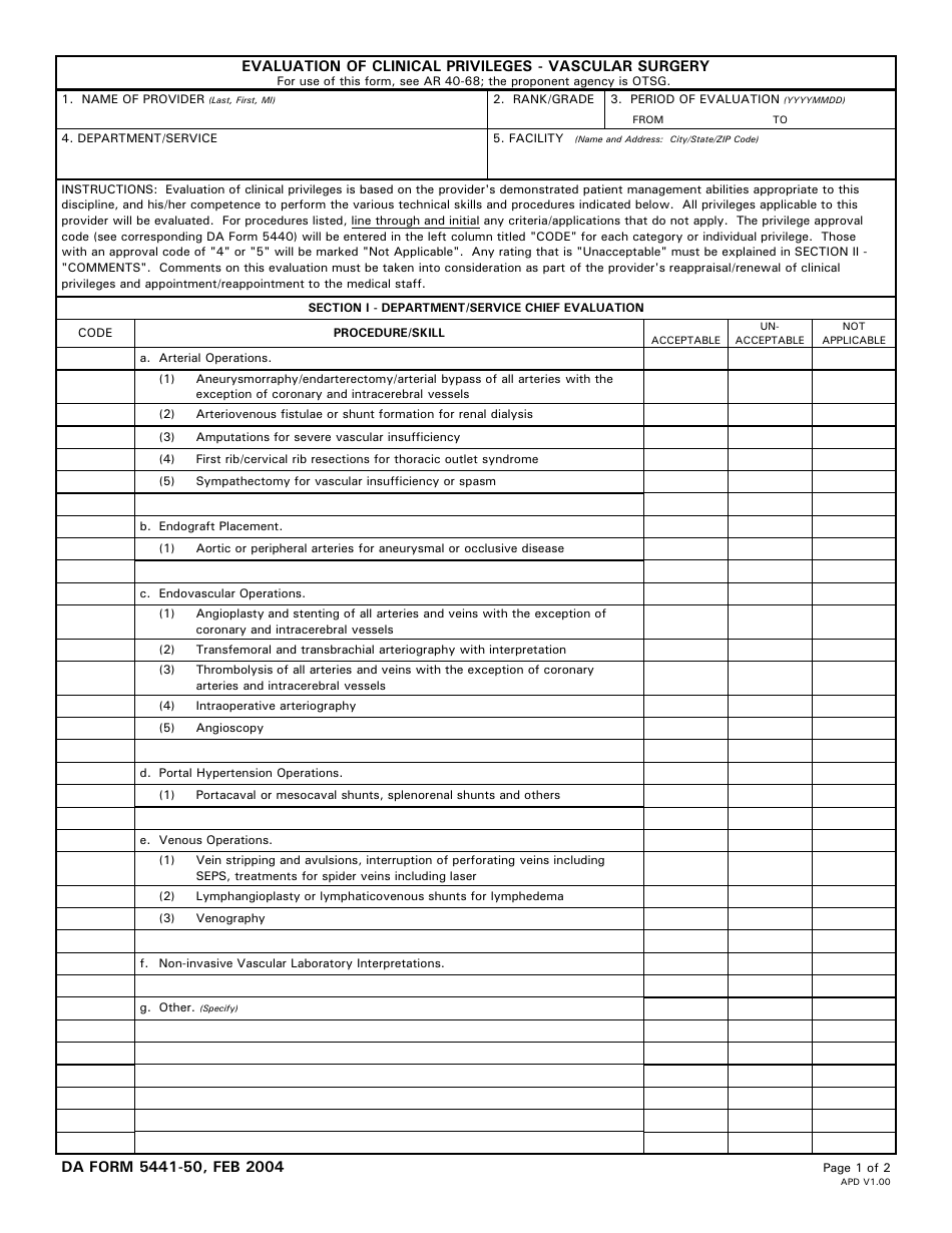 DA Form 5441-50 Evaluation of Clinical Privileges - Vascular Surgery, Page 1