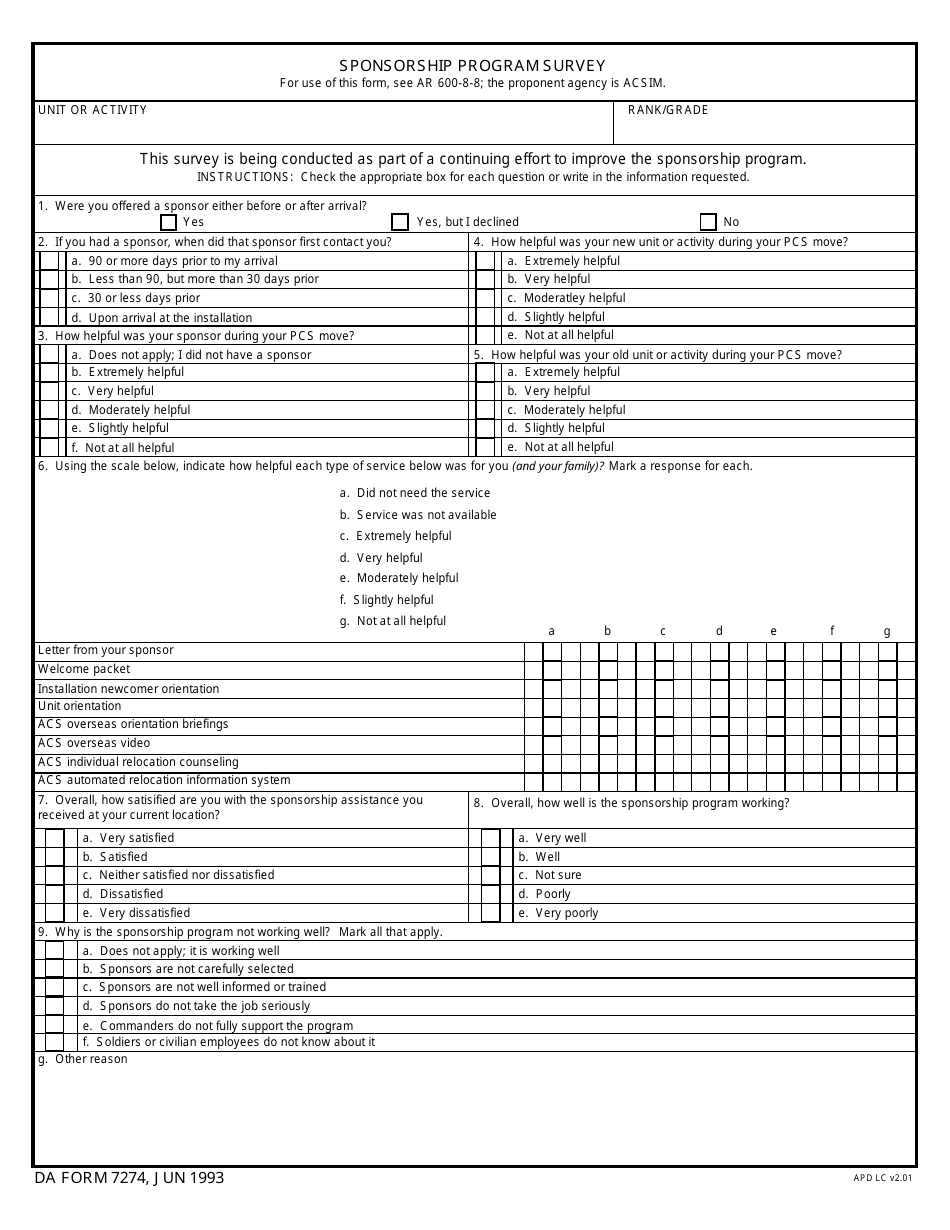 DA Form 7274 Sponsorship Program Survey, Page 1
