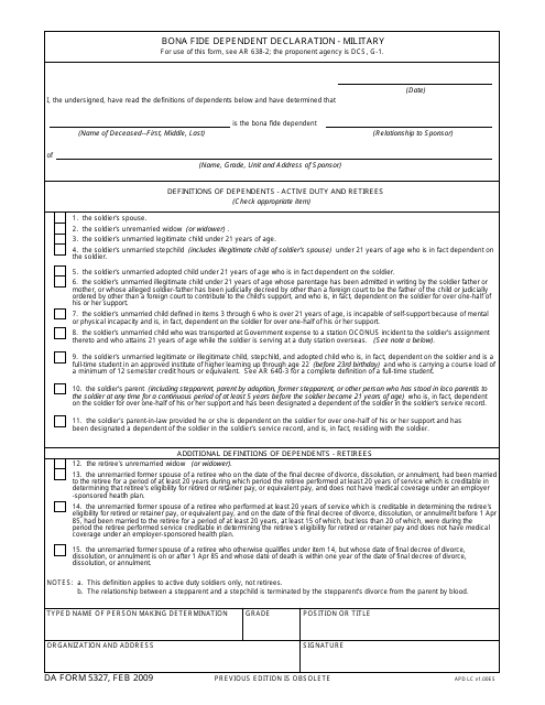 DA Form 5327 Bona Fide Dependent Declaration - Military
