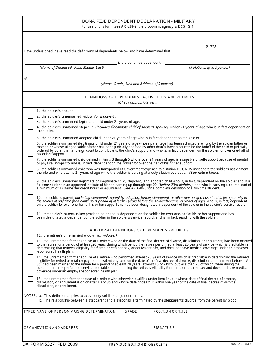 DA Form 5327 Bona Fide Dependent Declaration - Military, Page 1