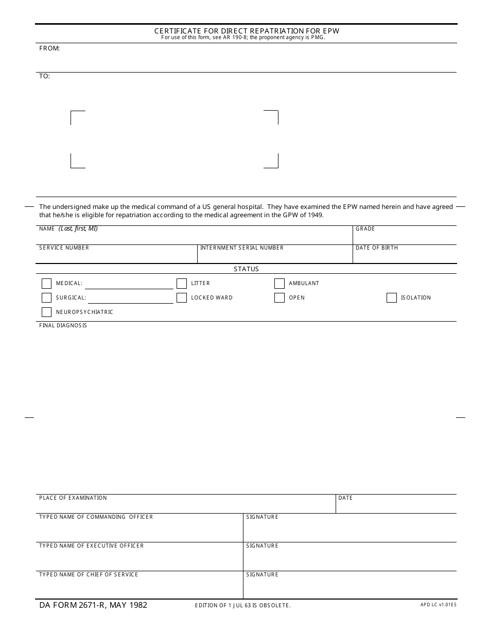 DA Form 2671-R Certificate of Direct Repatriation for Epw, Page 1