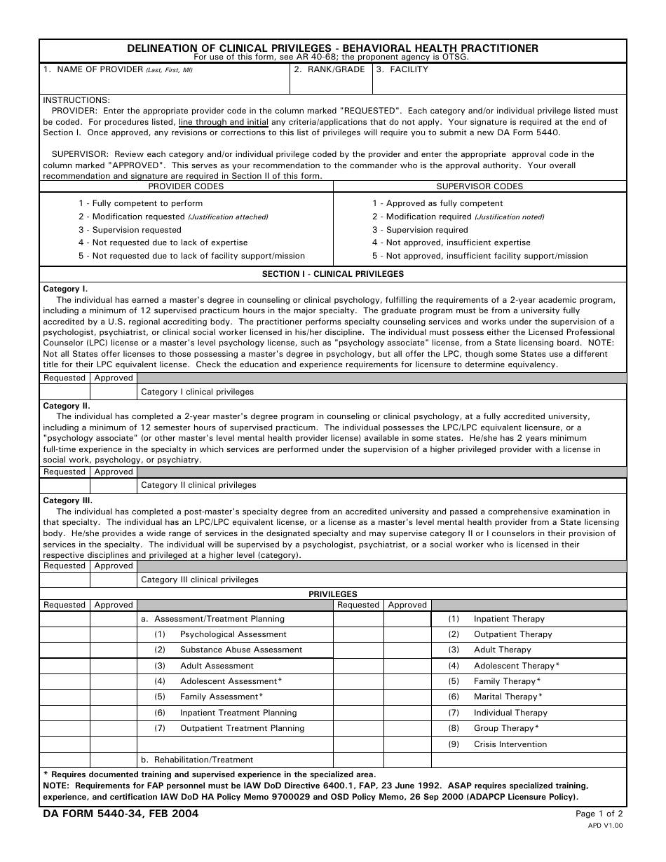 DA Form 5440-34 Delineation of Clinical Privileges - Behavioral Health Practitioner, Page 1