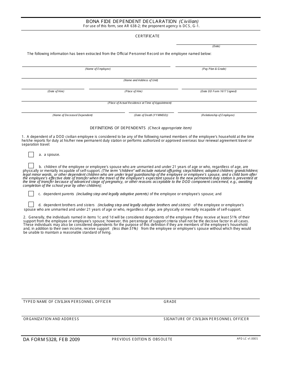 DA Form 5328 Bona Fide Dependent Declaration (Civilian), Page 1