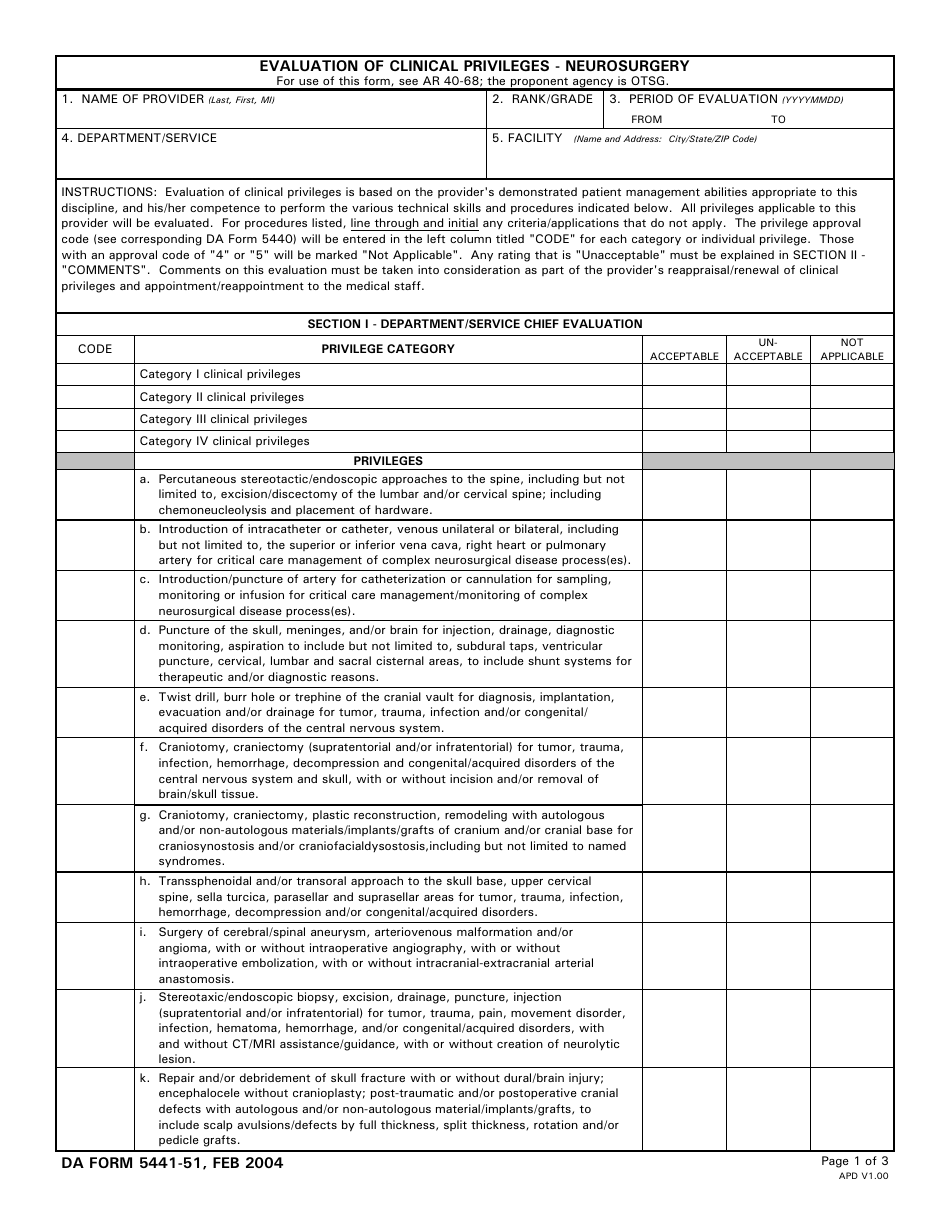 DA Form 5441-51 Evaluation of Clinical Privileges - Neurosurgery, Page 1