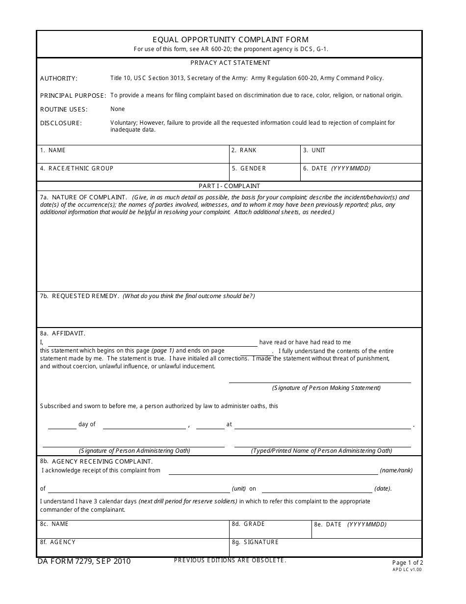 DA Form 7279 Equal Opportunity Complaint Form, Page 1