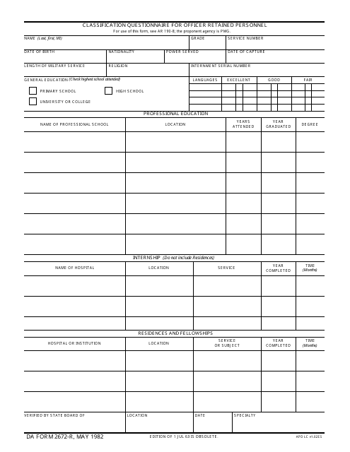 DA Form 2672-R  Printable Pdf