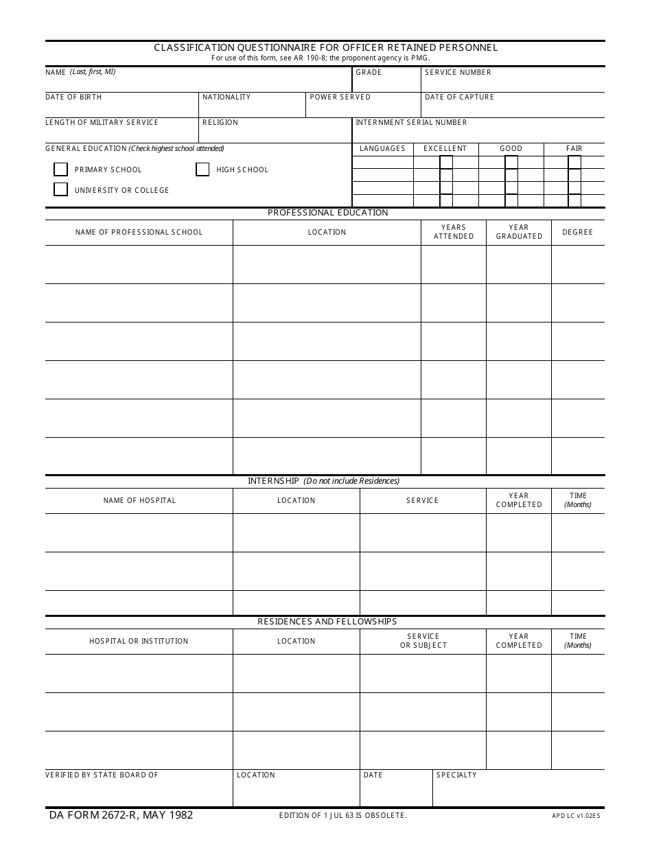 DA Form 2672-R Classification Questionnaire for Officer Retained Personnel, Page 1