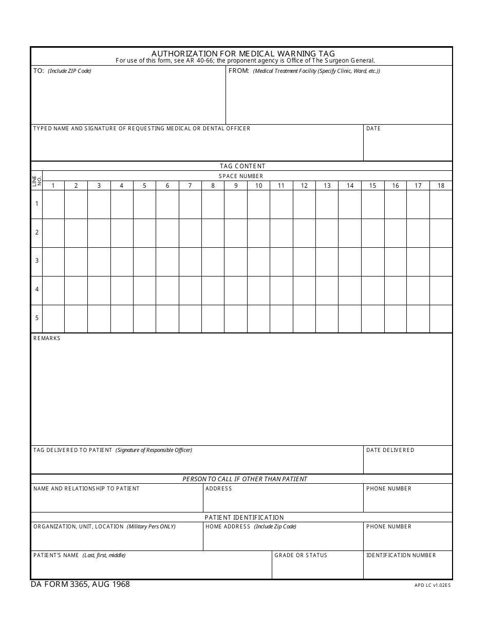 DA Form 3365 Authorization for Medical Warning Tag, Page 1
