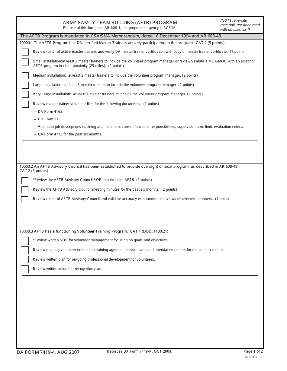 DA Form 7419-4 Army Family Team Building (Aftb) Program, Page 1