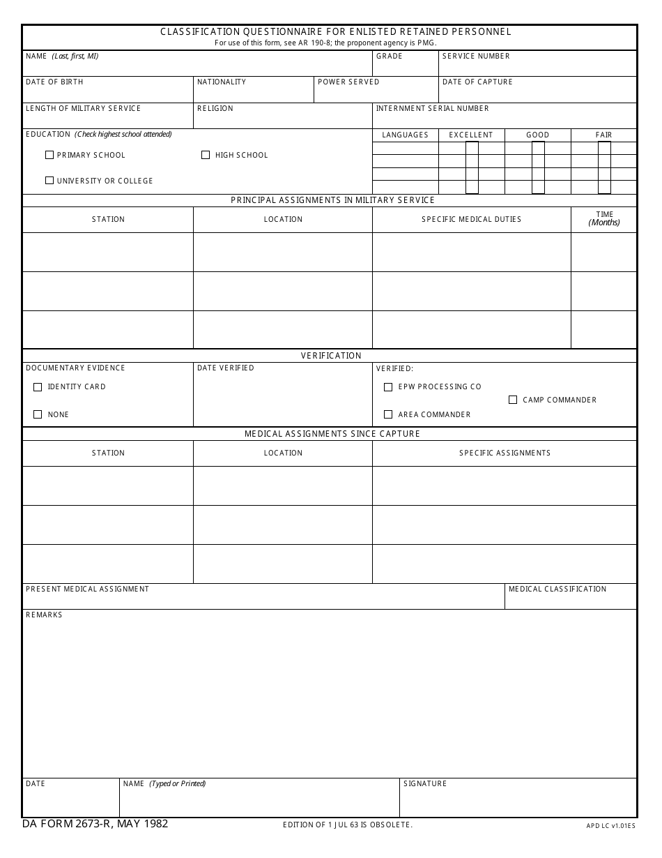 DA Form 2673-R Classification Questionnaire for Enlisted Retained Personnel, Page 1