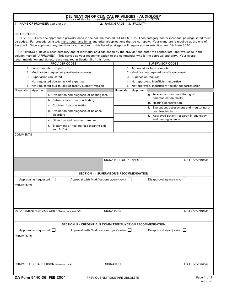 DA Form 5440-36 Delineation of Clinical Privileges - Audiology, Page 1