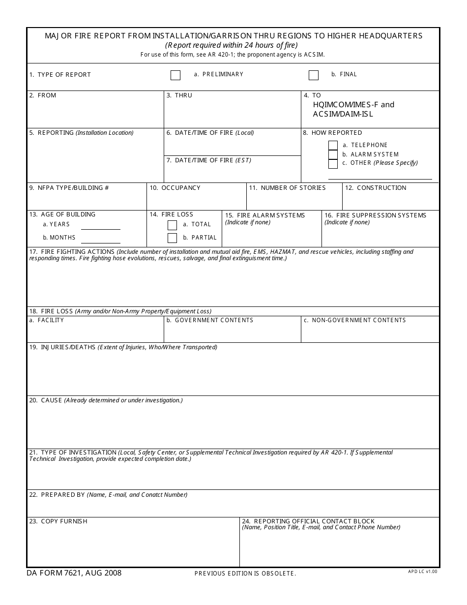 DA Form 7621 Major Fire Report From Installation / Garrison Thru Regions to To Higher Headquarters, Page 1