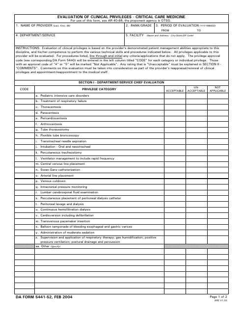 DA Form 5441-52 Evaluation of Clinical Privileges - Critical Care Medicine