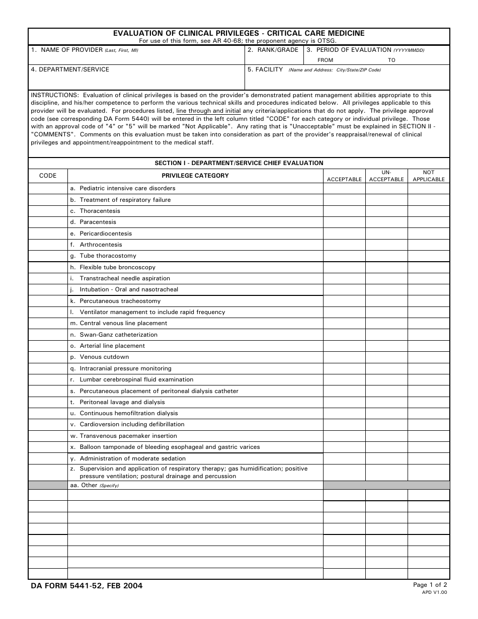 DA Form 5441-52 Evaluation of Clinical Privileges - Critical Care Medicine, Page 1