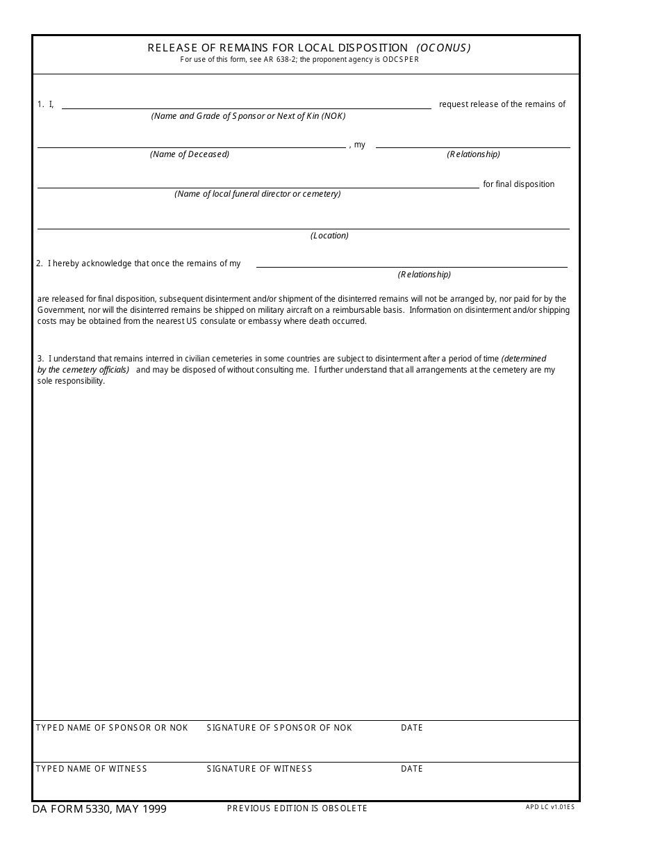 DA Form 5330 Release of Remains for Local Disposition, Page 1