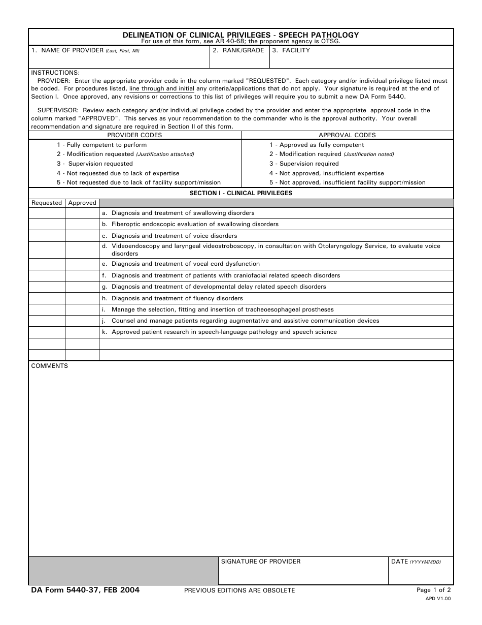 DA Form 5440-37 Delineation of Clinical Privileges - Speech Pathology, Page 1