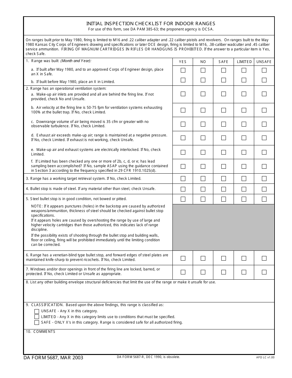 DA Form 5687 Initial Inspection Checklist for Indoor Ranges, Page 1