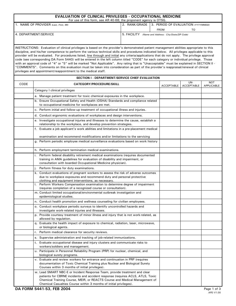 DA Form 5441-53 Evaluation of Clinical Privileges - Occupational Medicine, Page 1