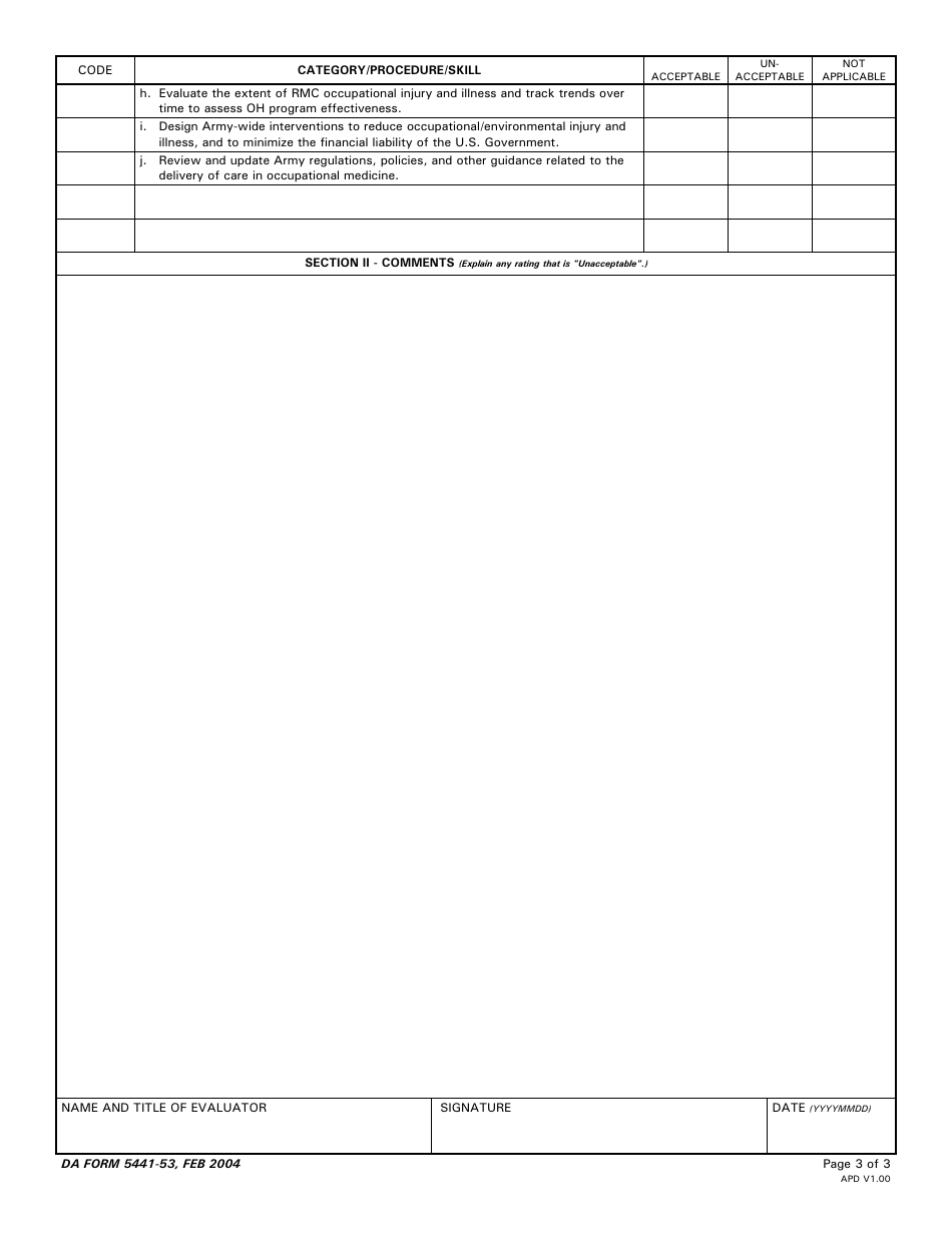 DA Form 5441-53 Evaluation of Clinical Privileges - Occupational Medicine, Page 3