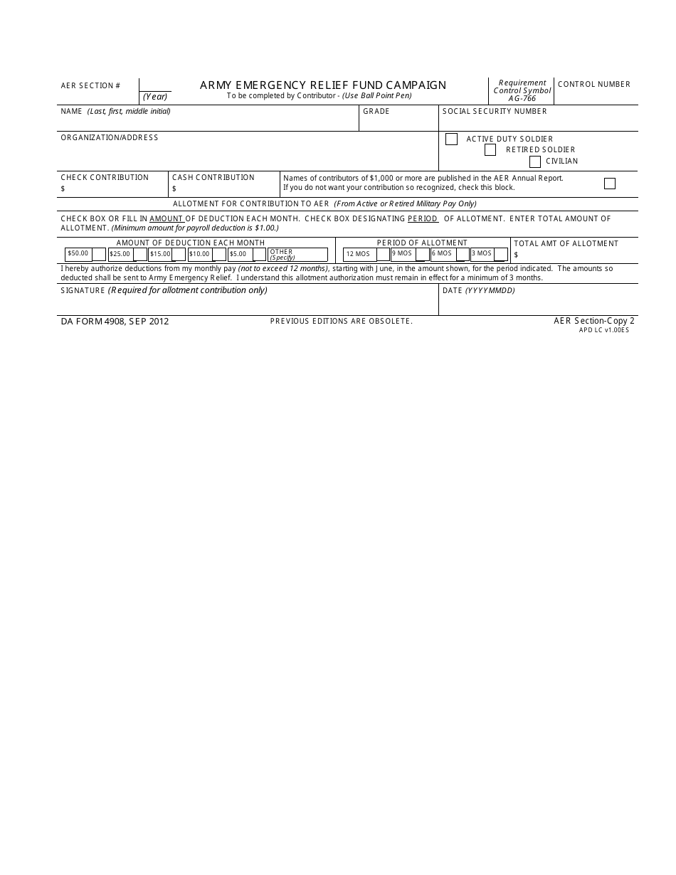 DA Form 4908 Army Emergency Relief Annual Fund Campaign, Page 3