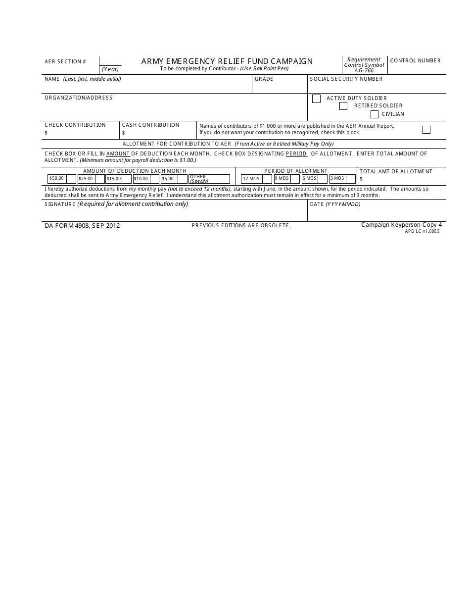 DA Form 4908 Army Emergency Relief Annual Fund Campaign, Page 5