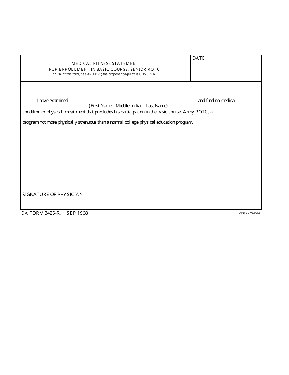 DA Form 3425-R Medical Fitness Statement for Enrollment in Basic Course, Senior Rotc, Page 1