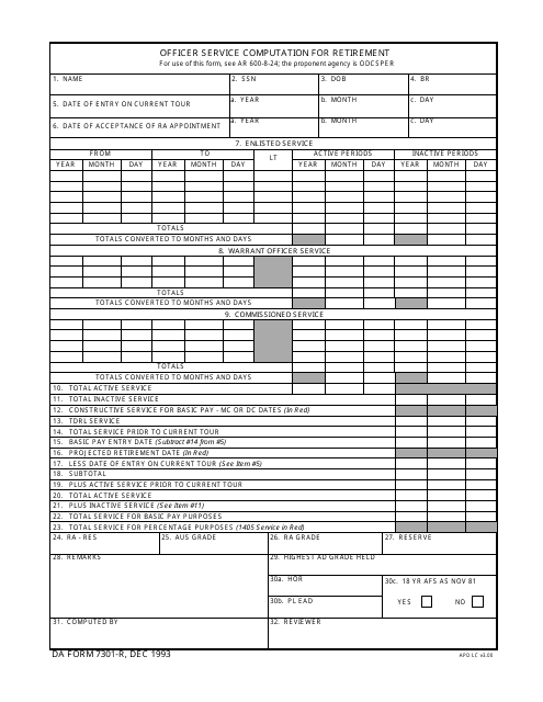 DA Form 7301-R Officer Service Computation for Retirement
