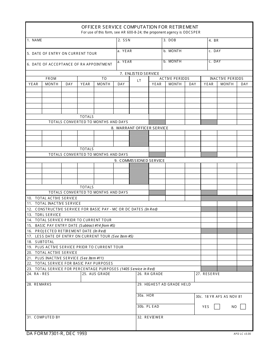 DA Form 7301-R Officer Service Computation for Retirement, Page 1