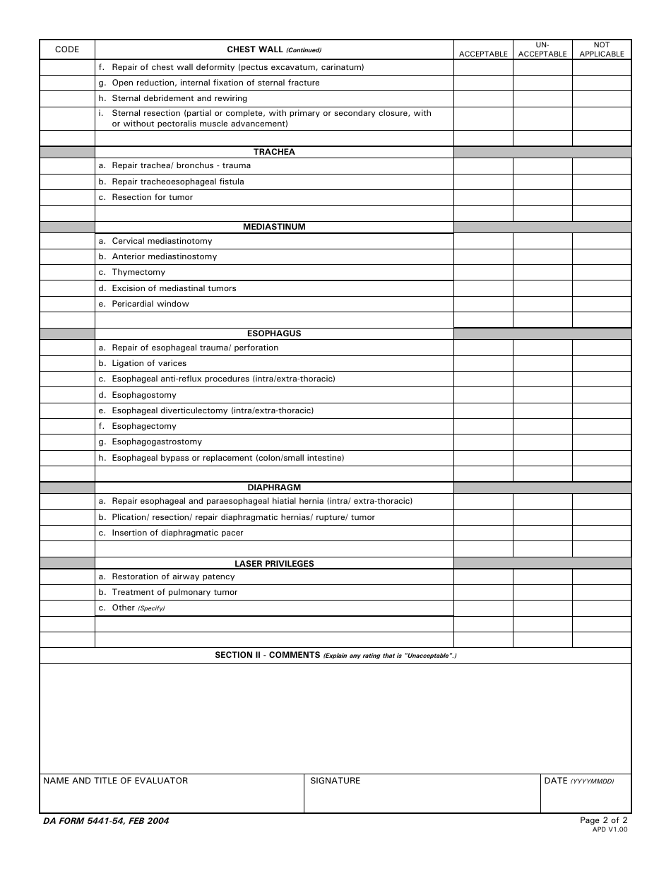 DA Form 5441-54 Evaluation of Clinical Privileges - Thoracic Surgery, Page 2