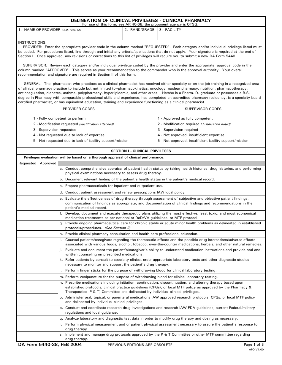 DA Form 5440-38 Delineation of Clinical Privileges - Clinical Pharmacy, Page 1