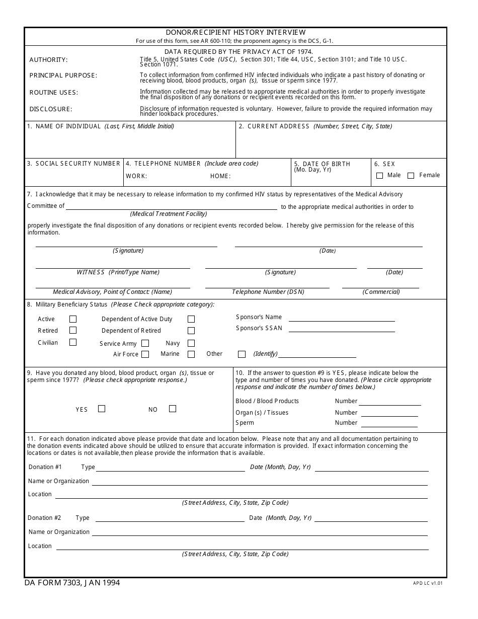 DA Form 7303 Donor / Recipient History Interview, Page 1