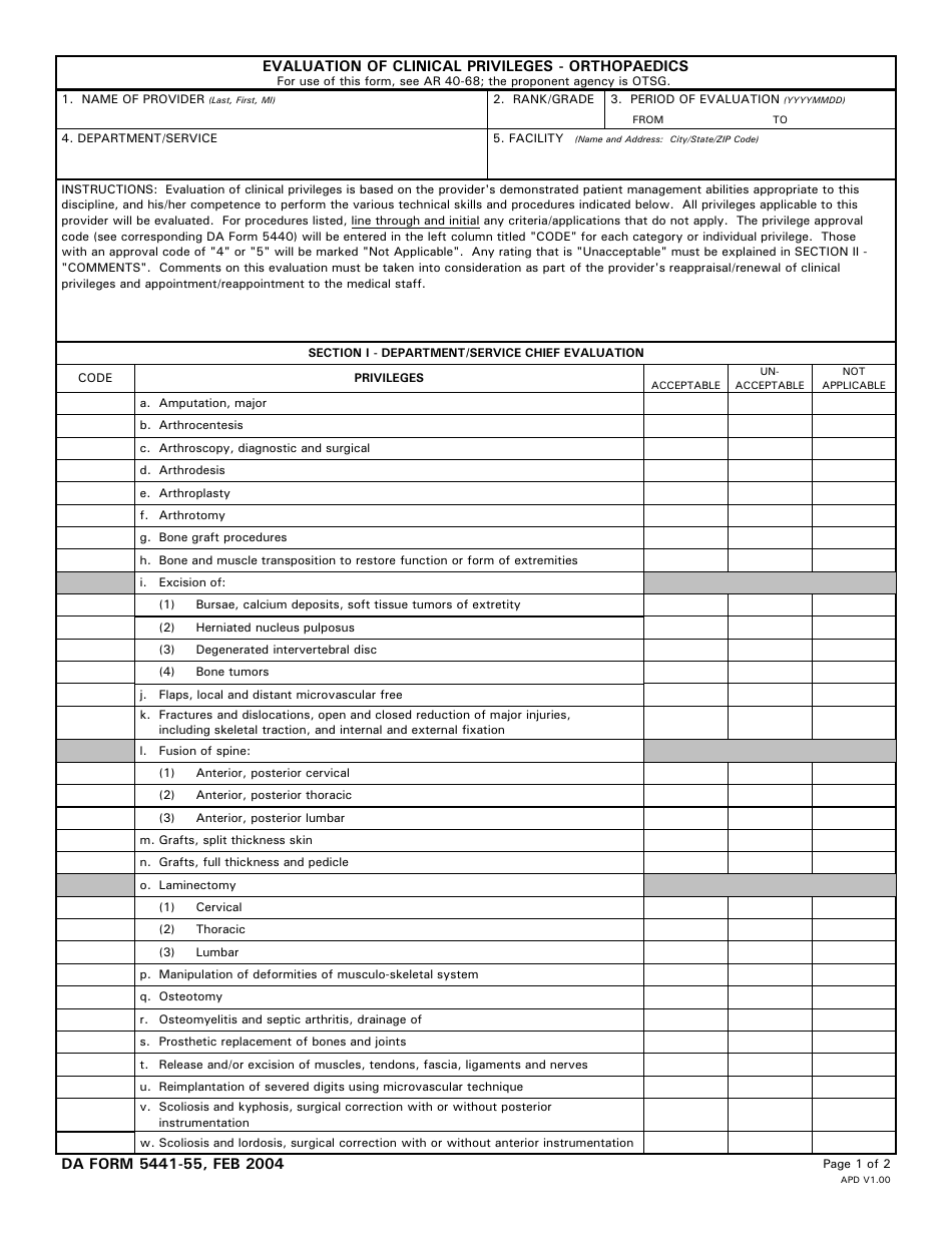 DA Form 5441-55 Evaluation of Clinical Privileges - Orthopaedics, Page 1