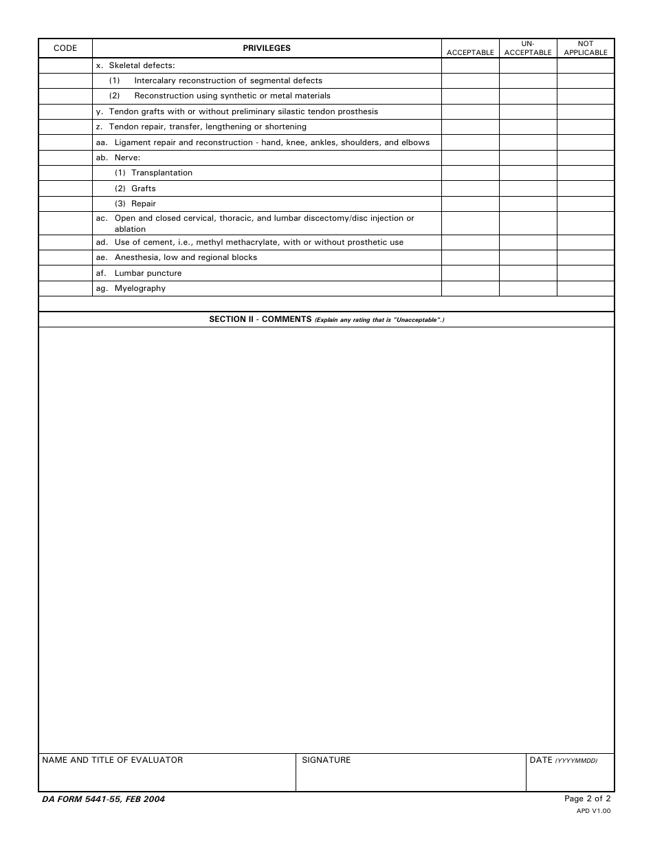 DA Form 5441-55 Evaluation of Clinical Privileges - Orthopaedics, Page 2