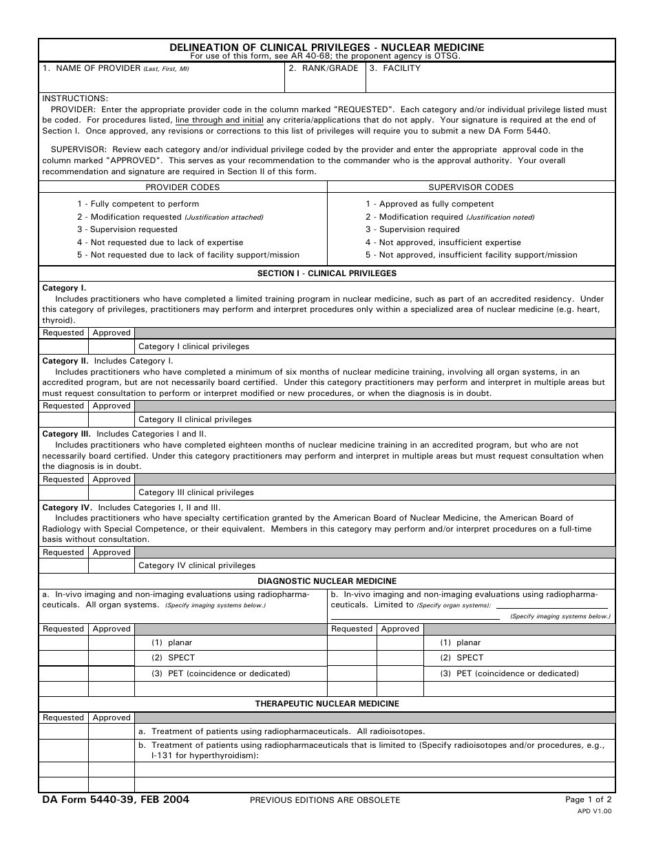 DA Form 5440-39 Delineation of Clinical Privileges - Nuclear Medicine, Page 1