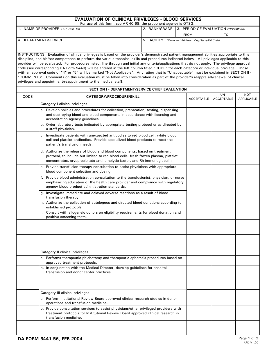 DA Form 5441-56 Evaluation of Clinical Privileges - Blood Services, Page 1