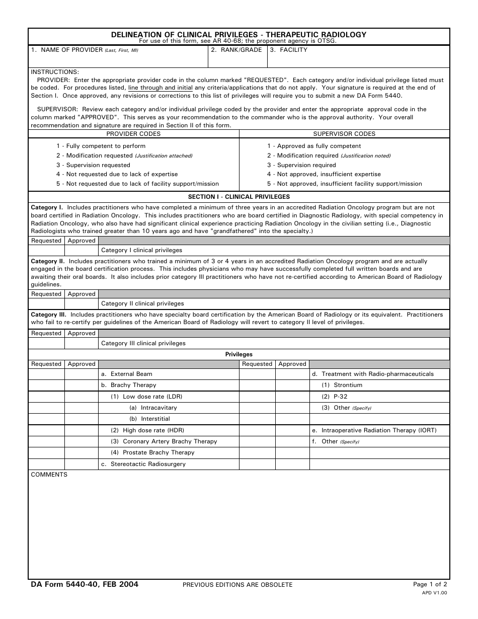 DA Form 5440-40 Delineation of Clinical Privileges - Therapeutic Radiology, Page 1