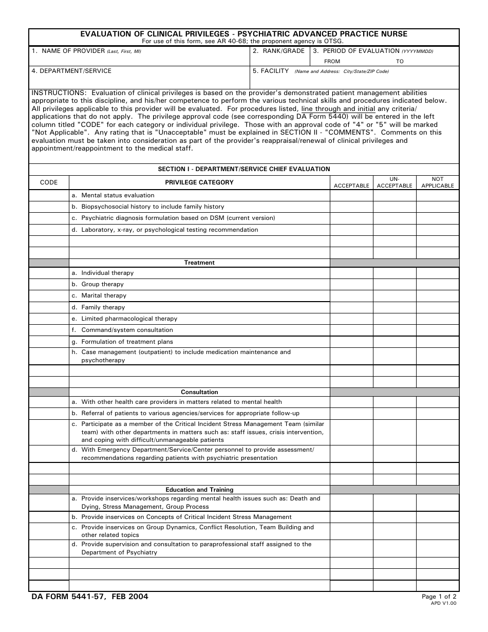 DA Form 5441-57 Evaluation of Clinical Privileges - Psychiatric Advanced Practice Nurse, Page 1